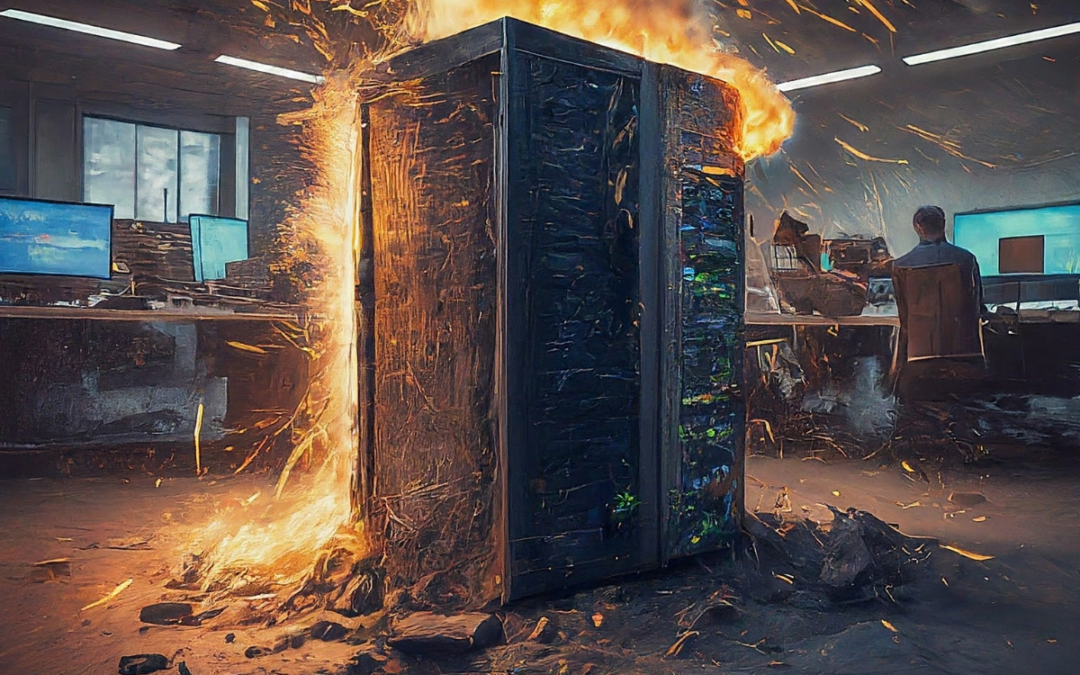 Burning server rack in a data center, showcasing the high cost of downtime. DRBC solutions can help mitigate risks